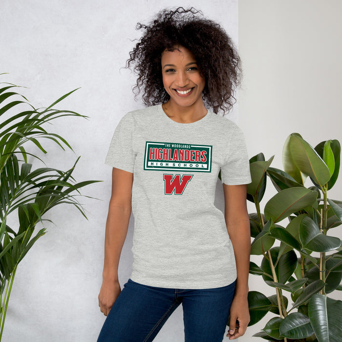 Woman wearing The Woodlands High School Highlanders Athletic Heather Premium Unisex T-shirt 049