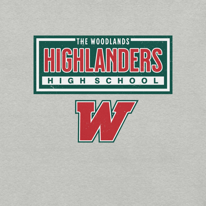 Close-up view of The Woodlands High School Highlanders Athletic Heather Premium Unisex T-shirt 049