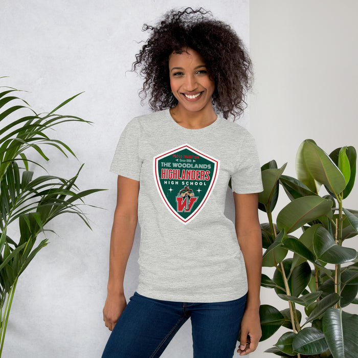 Woman wearing The Woodlands High School Highlanders Athletic Heather Premium Unisex T-shirt 225