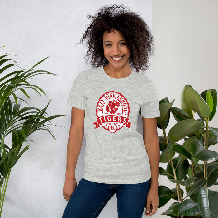 Woman wearing Katy High School Tigers Athletic Heather Grey Premium Unisex T-shirt 212