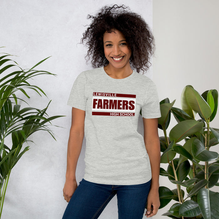 Woman wearing Lewisville High School Farmers Grey Premium Unisex T-shirt 098