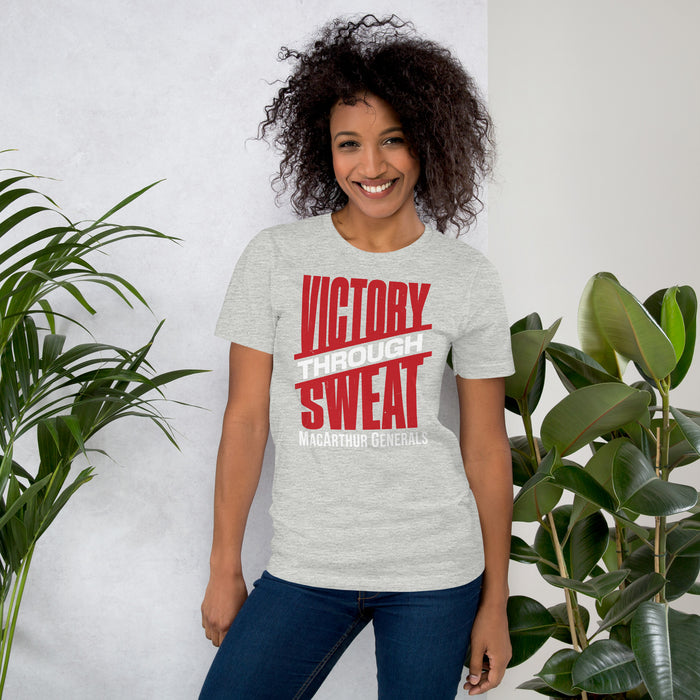 Woman wearing MacArthur High School Generals Grey Premium Unisex T-shirt 241