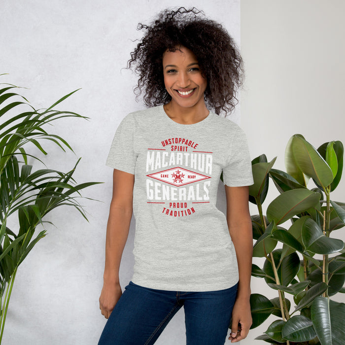 Woman wearing MacArthur High School Generals Grey Premium Unisex T-shirt 210