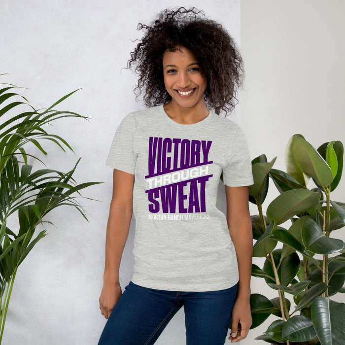 Woman wearing Morton Ranch High School Mavericks Premium Grey Unisex T-shirt 241