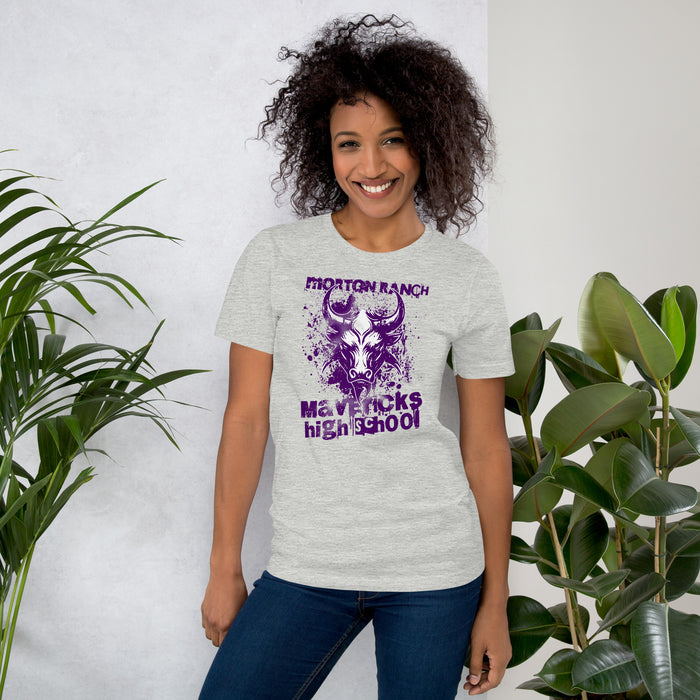 Woman wearing Morton Ranch High School Mavericks Premium Grey Unisex T-shirt 205