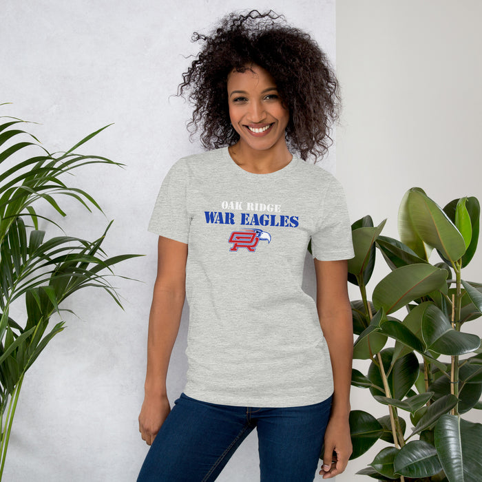 Woman wearing Oak Ridge High School War Eagles Grey Premium Unisex T-shirt 017