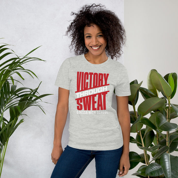 Woman wearing Odessa High School Bronchos Grey Premium Unisex T-shirt 241