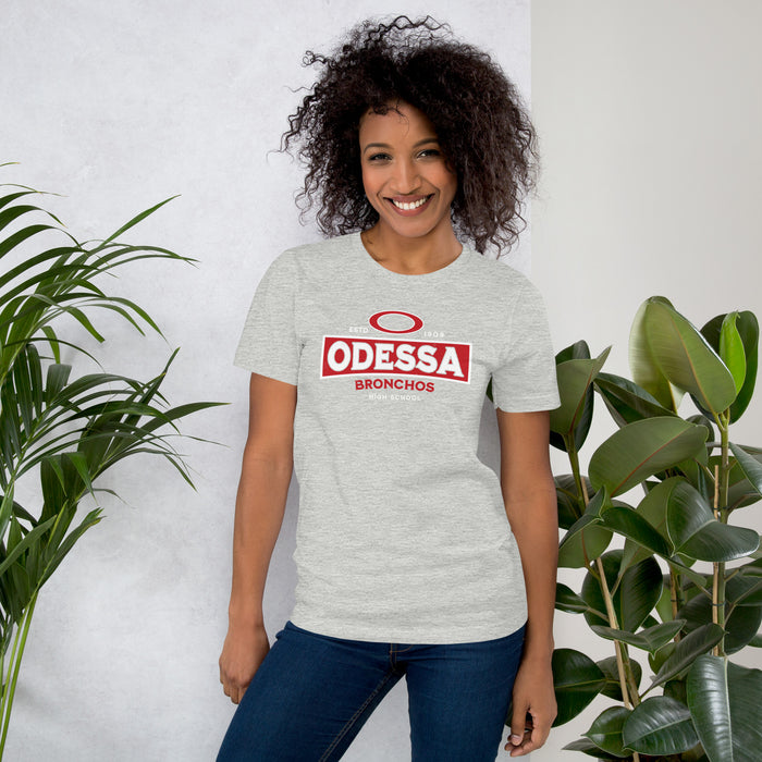 Woman wearing Odessa High School Bronchos Grey Premium Unisex T-shirt 202