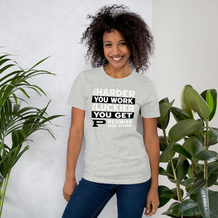 Woman wearing Permian High School Panthers Grey Premium Unisex T-shirt 238