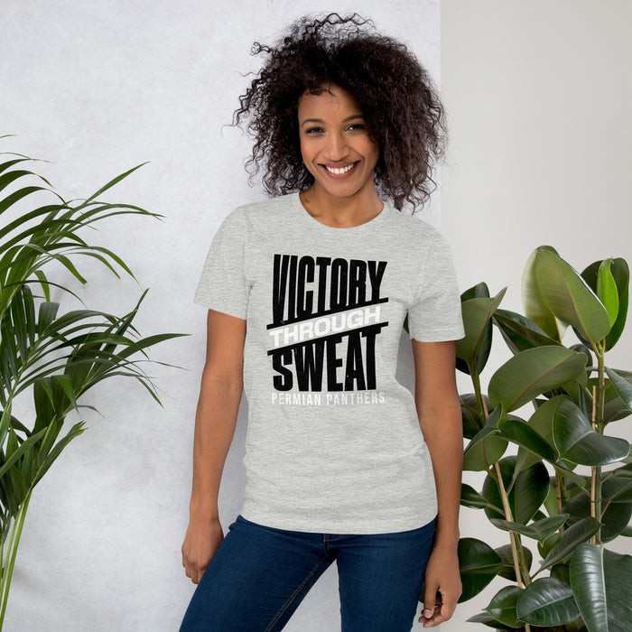 Woman wearing Permian High School Panthers Grey Premium Unisex T-shirt 241