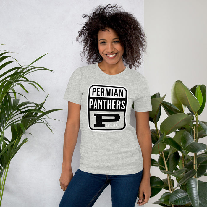 Woman wearing Permian High School Panthers Grey Premium Unisex T-shirt 001