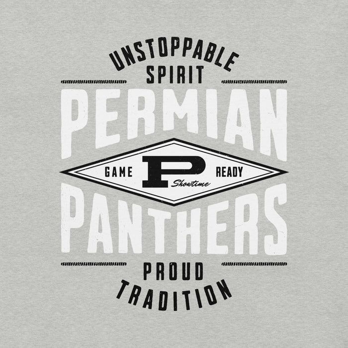 Close-up view of Permian High School Panthers Grey Premium Unisex T-shirt 210