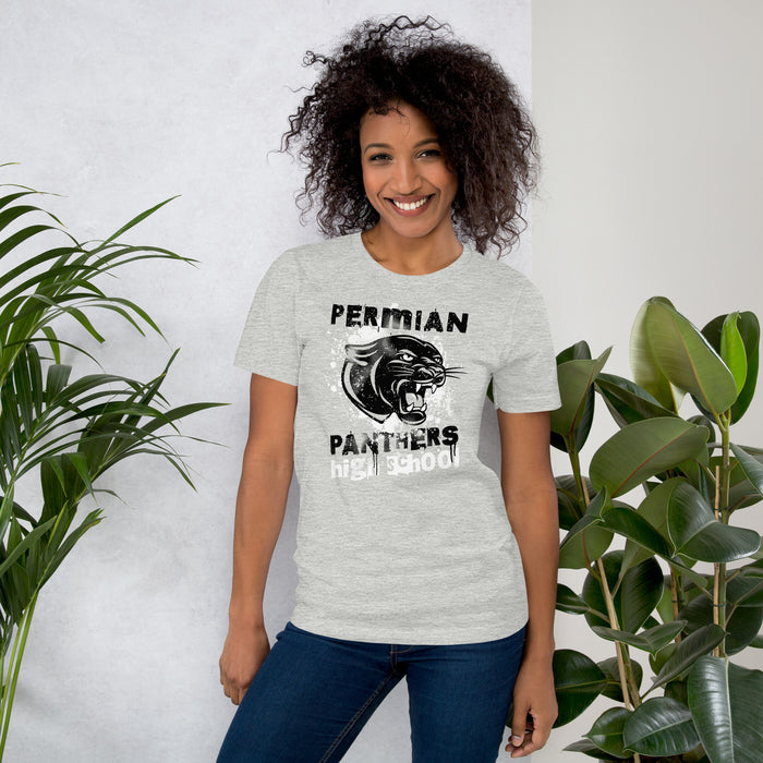 Woman wearing Permian High School Panthers Grey Premium Unisex T-shirt 205