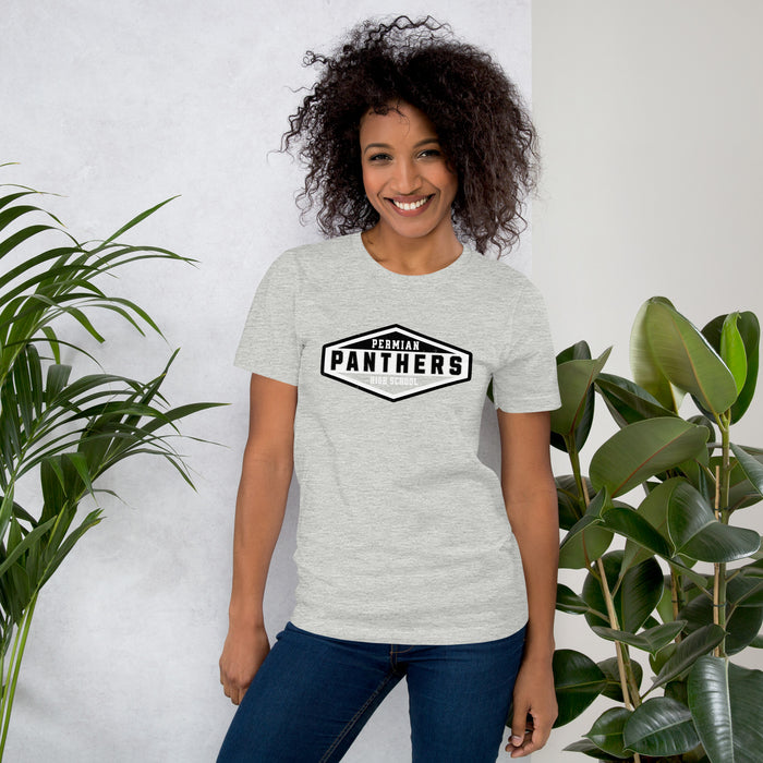 Woman wearing Permian High School Panthers Grey Premium Unisex T-shirt 009