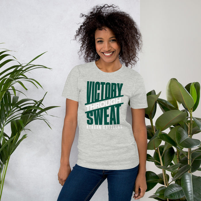 Woman wearing Reagan High School Rattlers Grey Premium Unisex T-shirt 241
