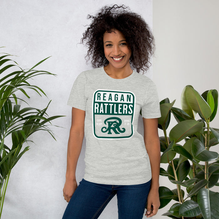 Woman wearing Reagan High School Rattlers Grey Premium Unisex T-shirt 001