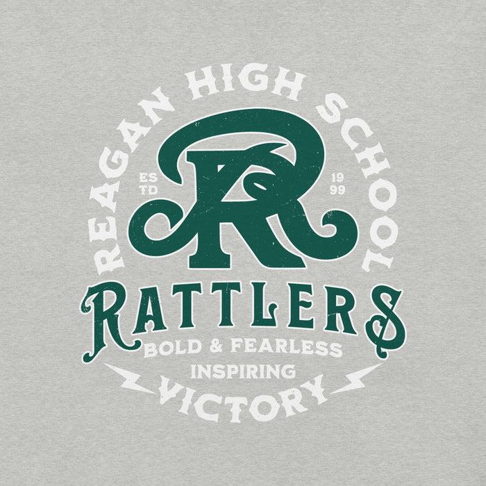 Gray premium t-shirt design 206 with Reagan High School Rattlers logo and text
