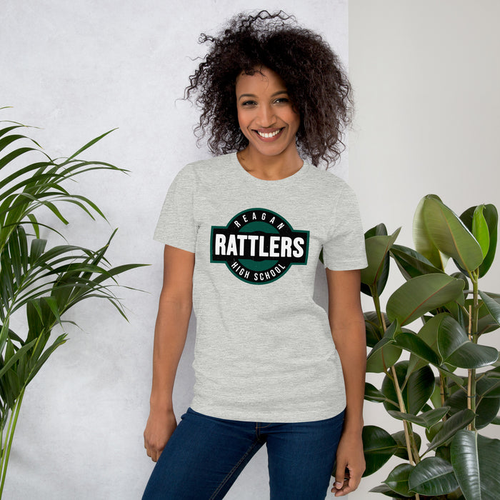 Woman wearing Reagan High School Rattlers Grey Premium Unisex T-shirt 011