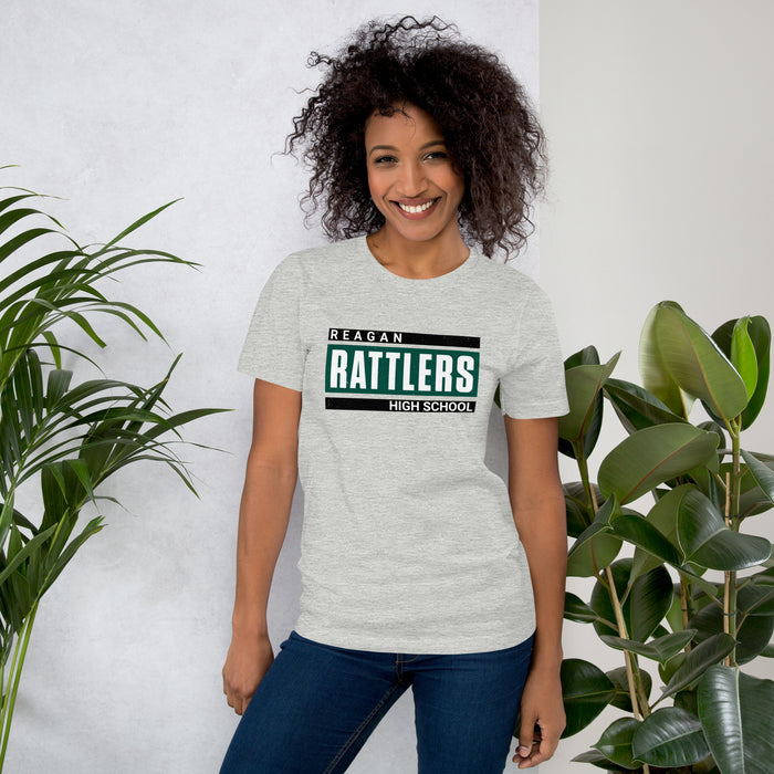 Woman wearing Reagan High School Rattlers Grey Premium Unisex T-shirt 098