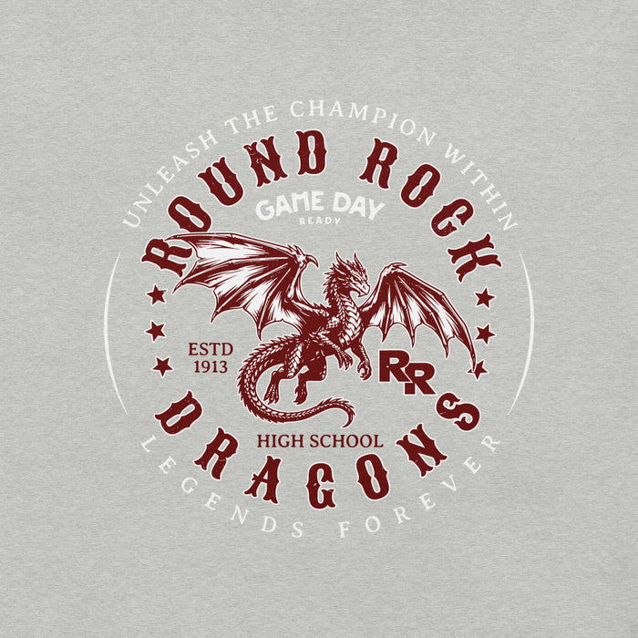 Close-up view of Round Rock High School Dragons Grey Premium Unisex T-shirt 214