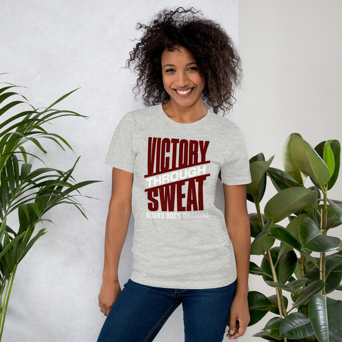 Woman wearing Round Rock High School Dragons Grey Premium Unisex T-shirt 241