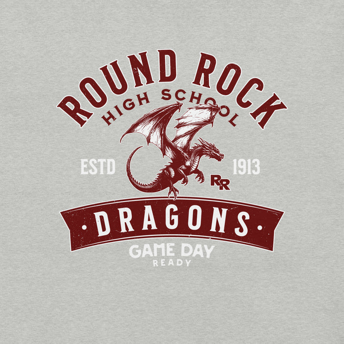 Close-up view of Round Rock High School Dragons Grey Premium Unisex T-shirt 221