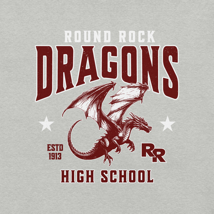 Close-up view of Round Rock High School Dragons Grey Premium Unisex T-shirt 213