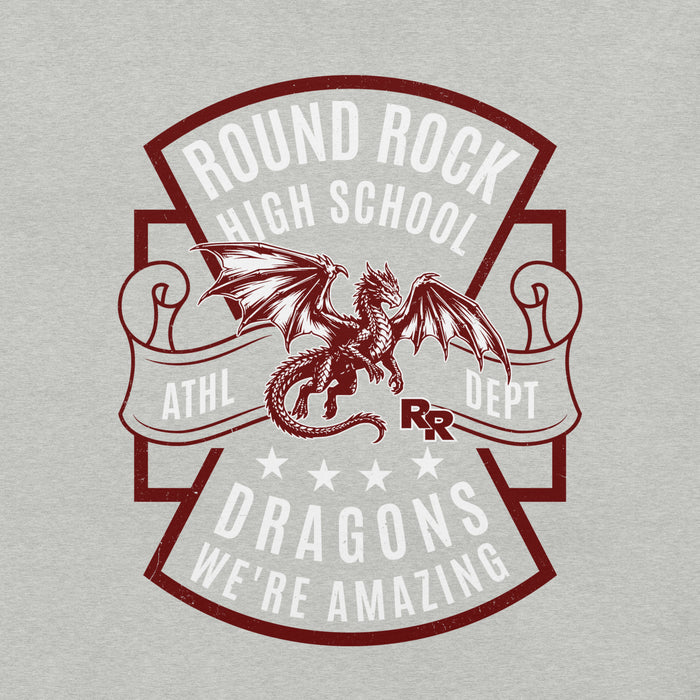 Close-up view of Round Rock High School Dragons Grey Premium Unisex T-shirt 207