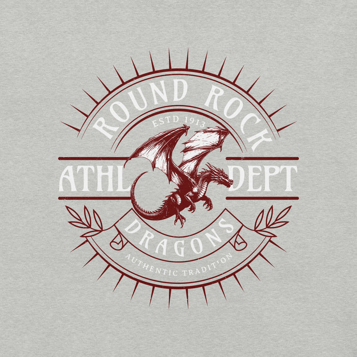 Close-up view of Round Rock High School Dragons Grey Premium Unisex T-shirt 201