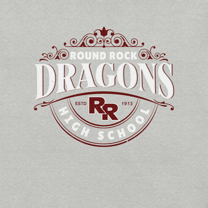Close-up view of Round Rock High School Dragons Grey Premium Unisex T-shirt 211