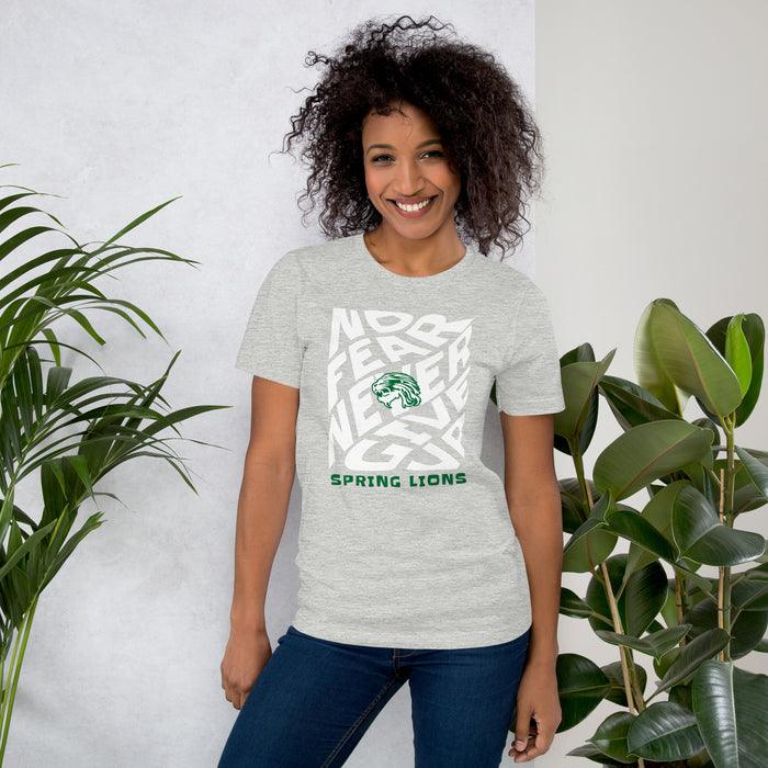 Woman wearing Spring High School Lions Grey Premium Unisex T-shirt 236
