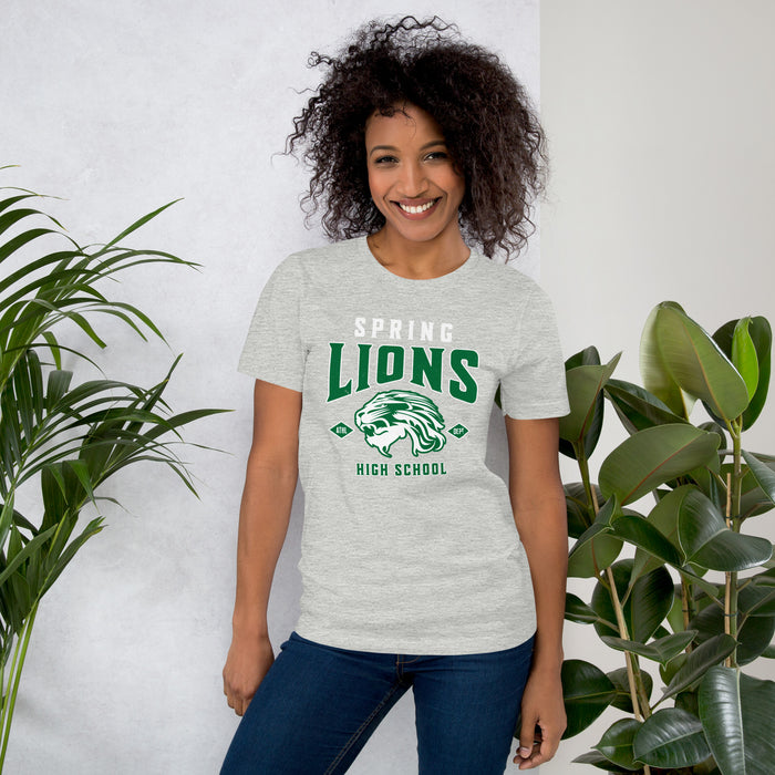 Woman wearing Spring High School Lions Grey Premium Unisex T-shirt 213