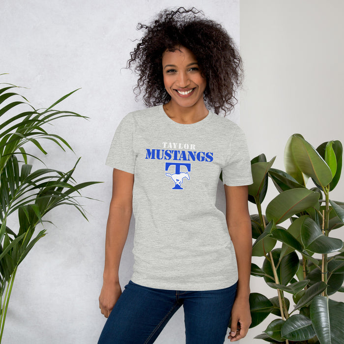 Woman wearing Taylor High School Mustangs Grey Premium Unisex T-shirt 017
