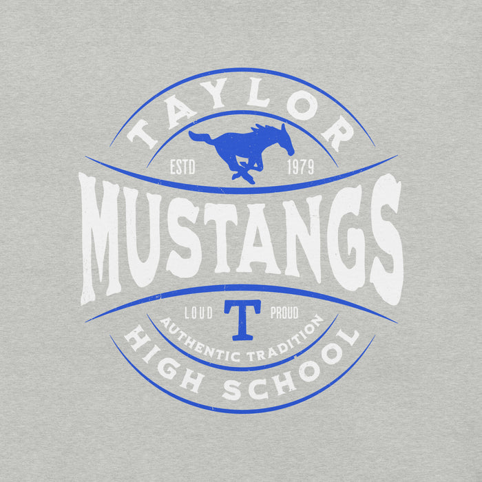 Close-up view of Taylor High School Mustangs Grey Premium Unisex T-shirt 218