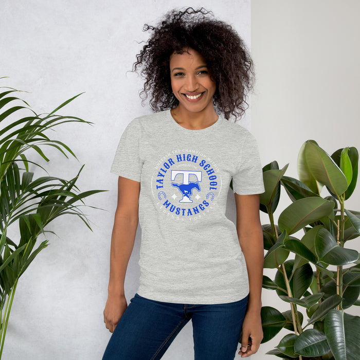 Woman wearing Taylor High School Mustangs Grey Premium Unisex T-shirt 214