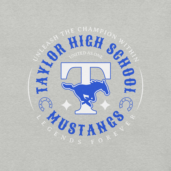 Close-up view of Taylor High School Mustangs Grey Premium Unisex T-shirt 214
