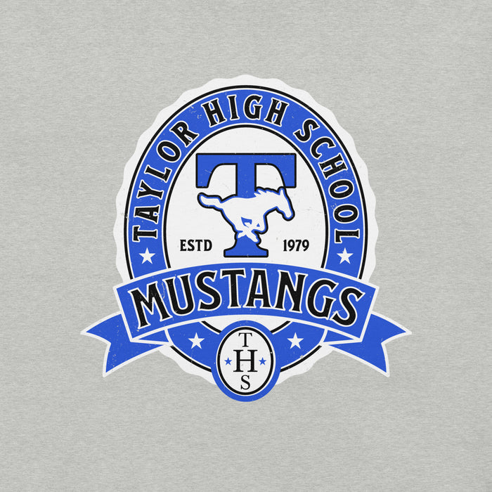 Close-up view of Taylor High School Mustangs Grey Premium Unisex T-shirt 212