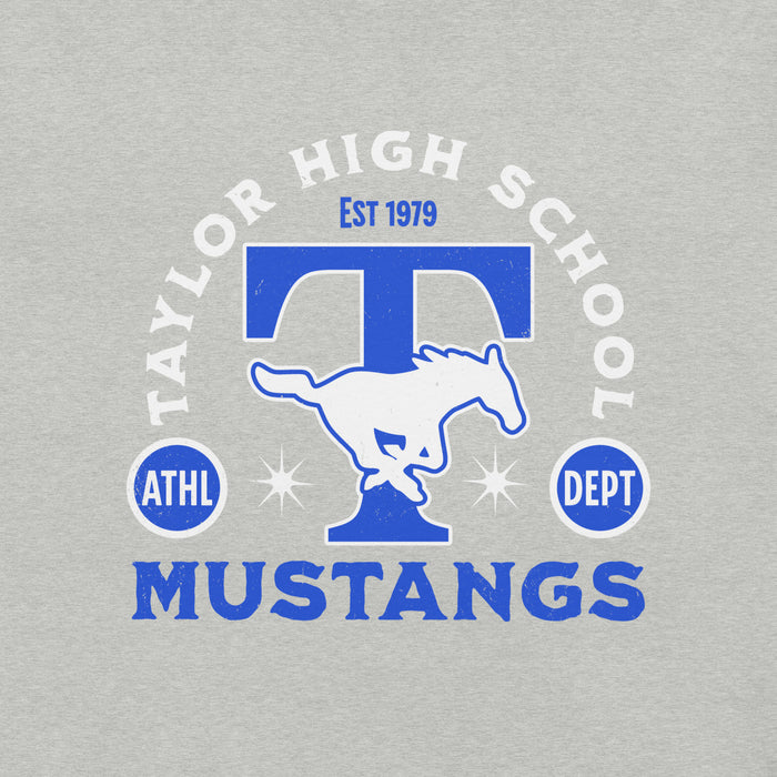 Close-up view of Taylor High School Mustangs Grey Premium Unisex T-shirt 208