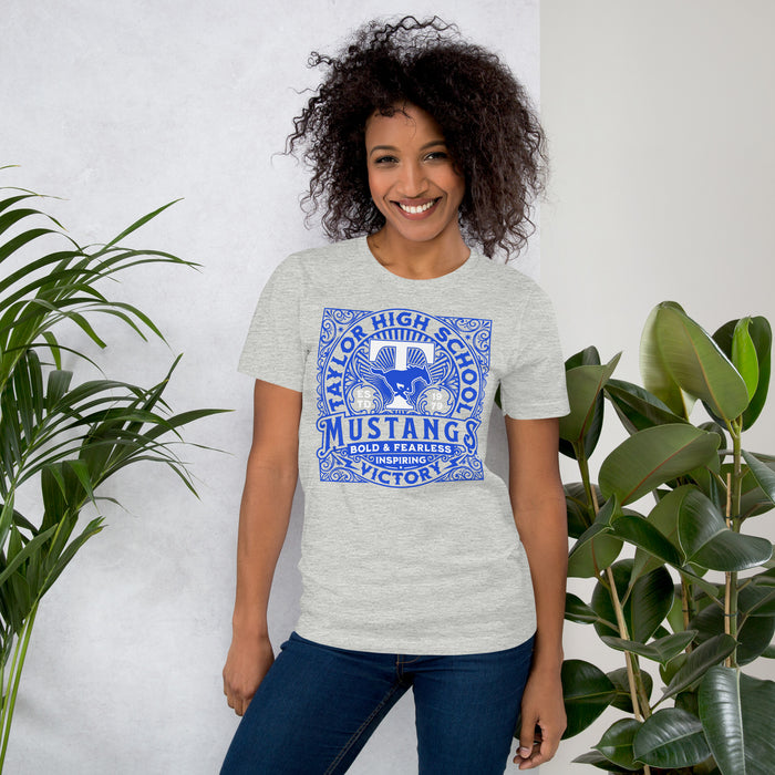 Woman wearing Taylor High School Mustangs Grey Premium Unisex T-shirt 206