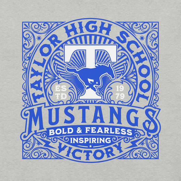 A blue graphic print on a light heather gray t-shirt, featuring a vintage-style school spirit design for Taylor High School Mustangs with a large letter T, wild horse silhouette, and decorative scrollwork. Taylor High School Mustangs Grey Premium Unisex T-shirt 206