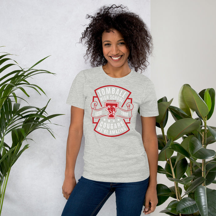 Woman wearing Tomball High School Cougars Grey Premium Unisex T-shirt 207
