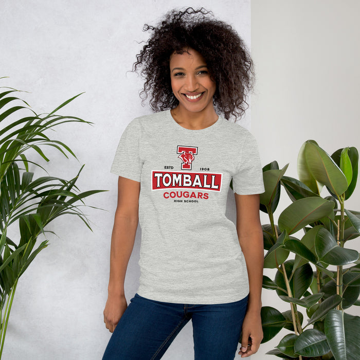 Woman wearing Tomball High School Cougars Grey Premium Unisex T-shirt 202