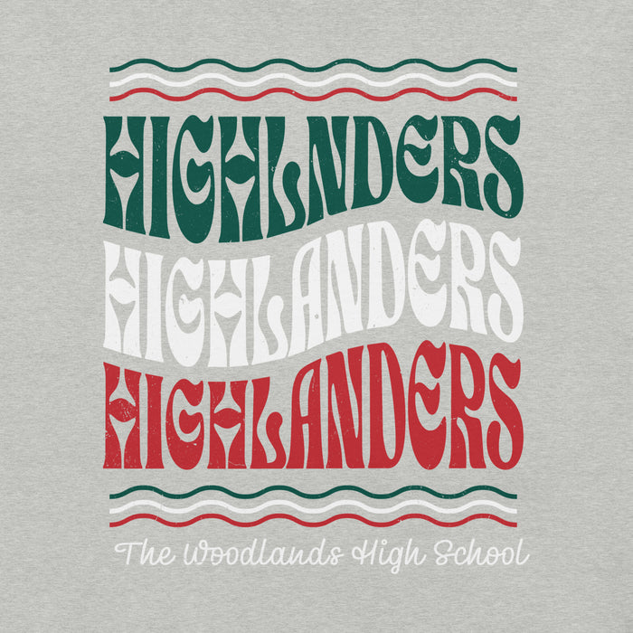 Close-up view of The Woodlands High School Highlanders Athletic Heather Premium Unisex T-shirt 227