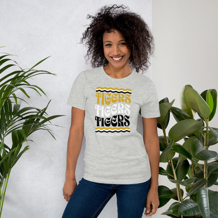 Woman wearing Tomball West High School Tigers Grey Premium Unisex T-shirt 227