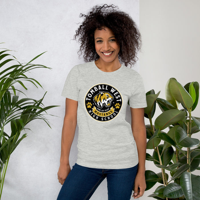 Woman wearing Tomball West High School Tigers Grey Premium Unisex T-shirt 215