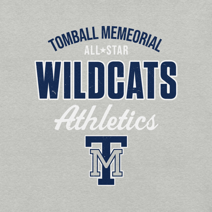 A light heather gray graphic print featuring the text 'TOMBALL MEMORIAL ALL STAR WILDCATS Athletics' with a navy blue and white block letter 'M' logo at the bottom. Tomball Memorial High School Wildcats Grey Premium Unisex T-shirt 040