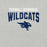 A close-up of a light gray heathered fabric surface featuring a navy blue and white printed graphic that reads 'TOMBALL MEMORIAL WILDCATS' with a wildcat head logo. Tomball Memorial High School Wildcats Grey Premium Unisex T-shirt 234