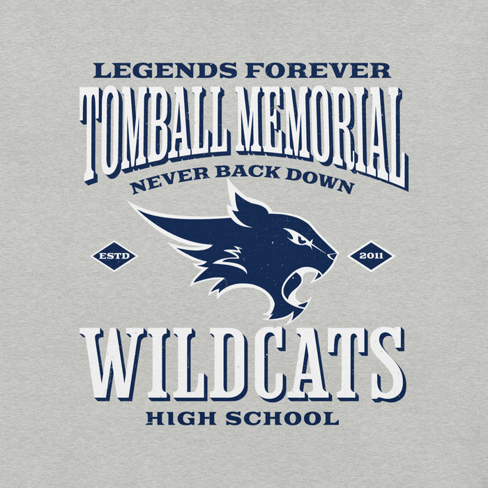 A light gray heathered t-shirt graphic featuring the text 'LEGENDS FOREVER TOMBALL MEMORIAL NEVER BACK DOWN WILDCATS HIGH SCHOOL' in navy blue and white, surrounding a navy blue wildcat mascot logo. Tomball Memorial High School Wildcats Grey Premium Unisex T-shirt 230