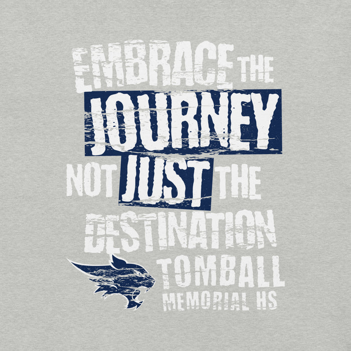 A light heather gray graphic print featuring the text 'EMBRACE THE JOURNEY NOT JUST THE DESTINATION TOMBALL MEMORIAL HS' in distressed white and navy blue lettering, with a navy blue wolf mascot logo below. Tomball Memorial High School Wildcats Grey Premium Unisex T-shirt 232
