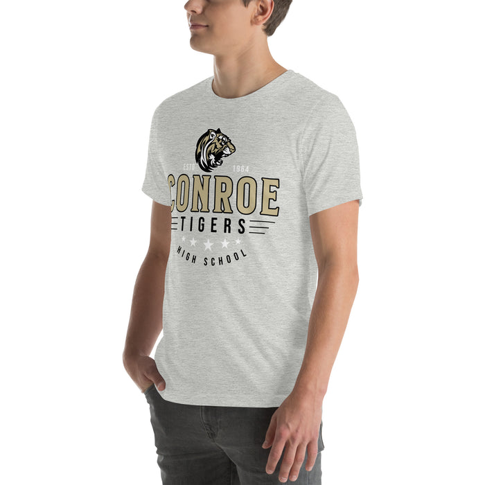 Man wearing Conroe High School Tigers Athletic Heather Premium Unisex T-shirt 217
